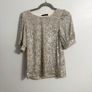 Cable & Gauge Silver Rose Gold All Over Sequin Puff Sleeve Top Shirt Blouse